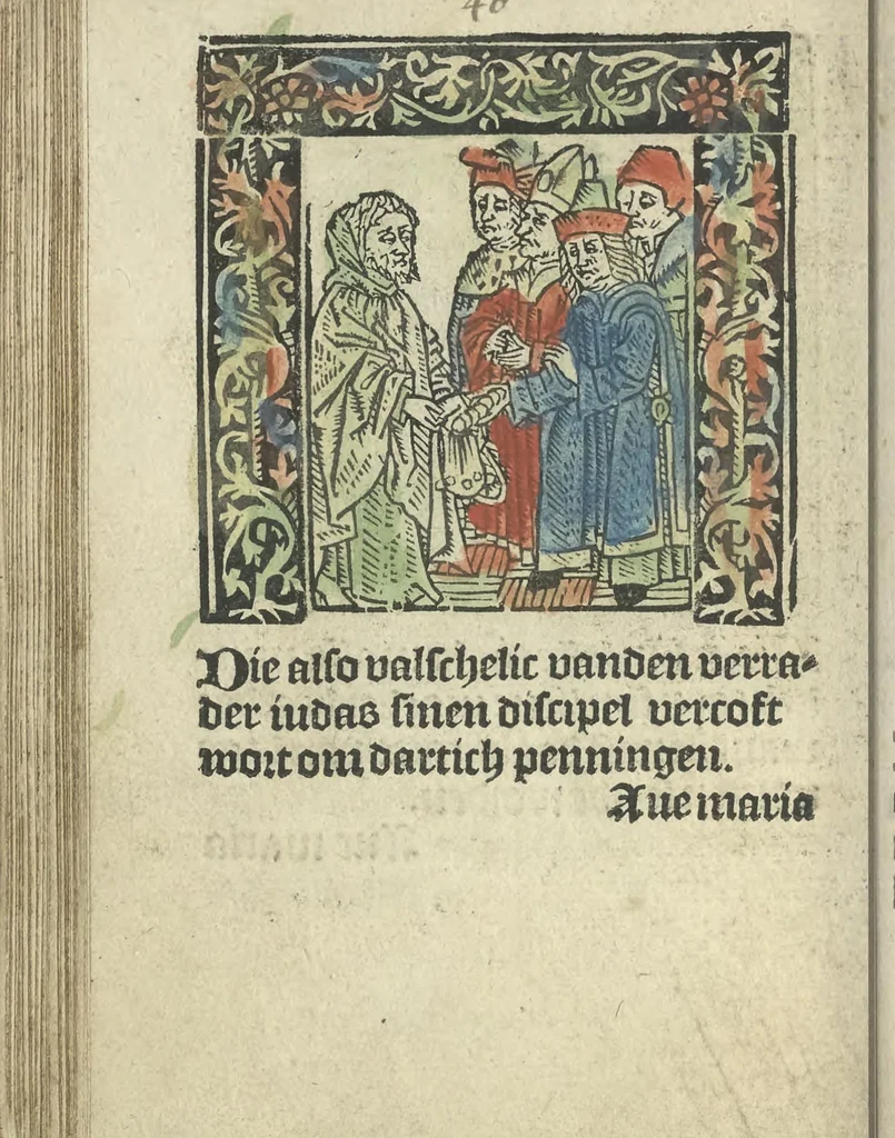 An illustration from Die ghetiden vanden seuen bitscappen Onser Lieuer Vrouwen. Die seuē psalme Onser Lieuer Vrouwen mitter letanie ende Onser Lieuer Vrouwen souter mitten artikelen vanden leuen en̄ passie Ons Heren Ihesu Cristi mitten figuren, 1503, leaf 111