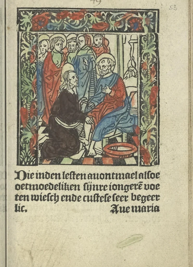 An illustration from Die ghetiden vanden seuen bitscappen Onser Lieuer Vrouwen. Die seuē psalme Onser Lieuer Vrouwen mitter letanie ende Onser Lieuer Vrouwen souter mitten artikelen vanden leuen en̄ passie Ons Heren Ihesu Cristi mitten figuren, 1503, leaf 112