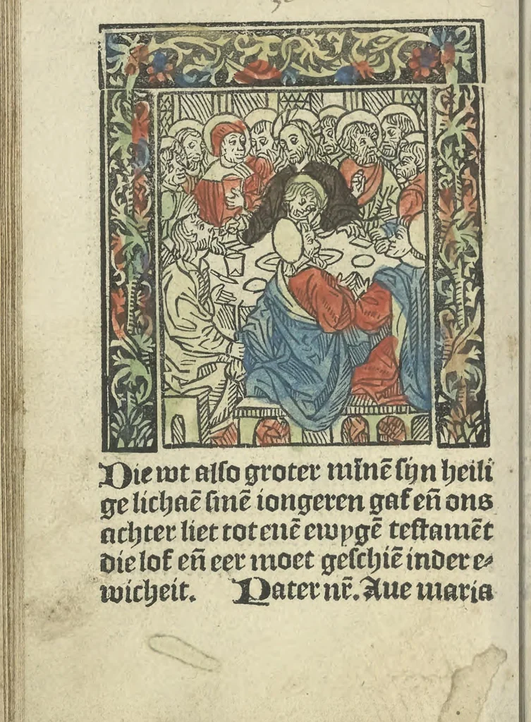 An illustration from Die ghetiden vanden seuen bitscappen Onser Lieuer Vrouwen. Die seuē psalme Onser Lieuer Vrouwen mitter letanie ende Onser Lieuer Vrouwen souter mitten artikelen vanden leuen en̄ passie Ons Heren Ihesu Cristi mitten figuren, 1503, leaf 113