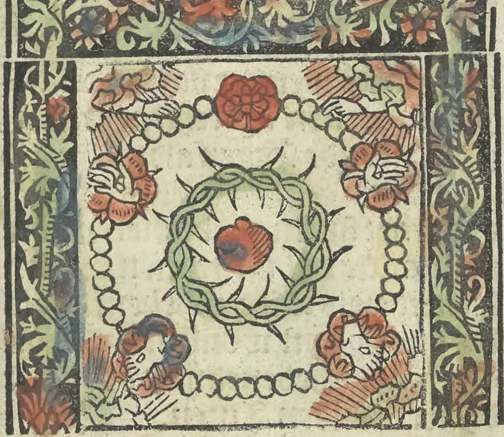 An illustration from Die ghetiden vanden seuen bitscappen Onser Lieuer Vrouwen. Die seuē psalme Onser Lieuer Vrouwen mitter letanie ende Onser Lieuer Vrouwen souter mitten artikelen vanden leuen en̄ passie Ons Heren Ihesu Cristi mitten figuren, 1503, leaf 114