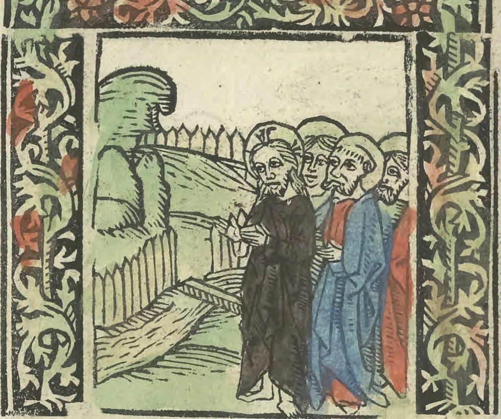An illustration from Die ghetiden vanden seuen bitscappen Onser Lieuer Vrouwen. Die seuē psalme Onser Lieuer Vrouwen mitter letanie ende Onser Lieuer Vrouwen souter mitten artikelen vanden leuen en̄ passie Ons Heren Ihesu Cristi mitten figuren, 1503, leaf 117