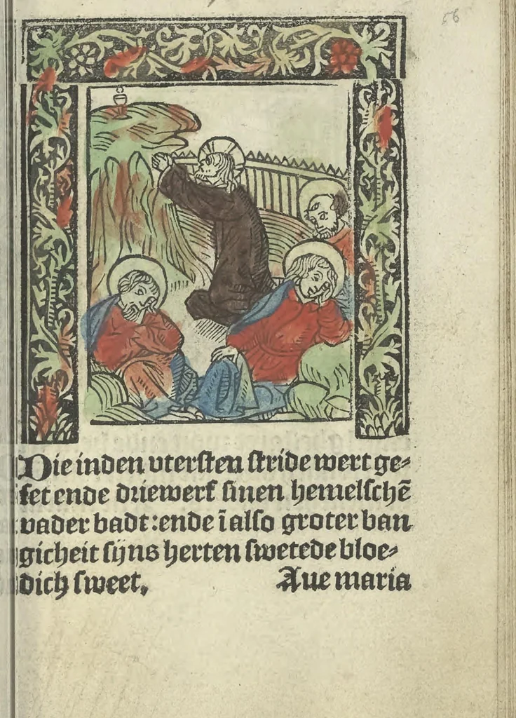 An illustration from Die ghetiden vanden seuen bitscappen Onser Lieuer Vrouwen. Die seuē psalme Onser Lieuer Vrouwen mitter letanie ende Onser Lieuer Vrouwen souter mitten artikelen vanden leuen en̄ passie Ons Heren Ihesu Cristi mitten figuren, 1503, leaf 118