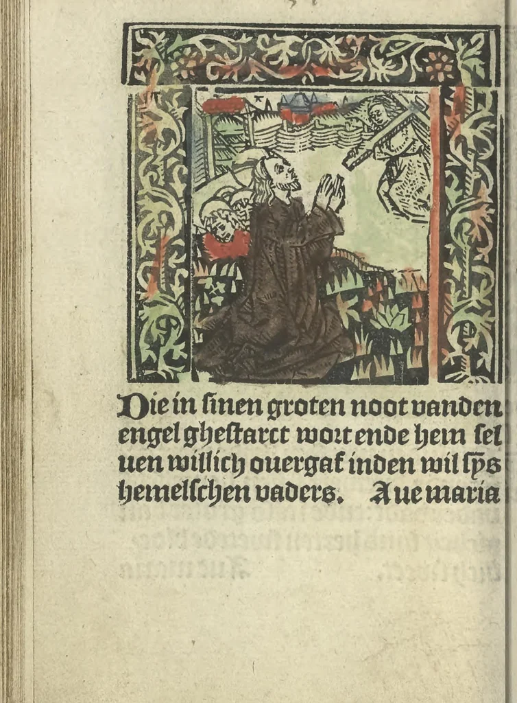 An illustration from Die ghetiden vanden seuen bitscappen Onser Lieuer Vrouwen. Die seuē psalme Onser Lieuer Vrouwen mitter letanie ende Onser Lieuer Vrouwen souter mitten artikelen vanden leuen en̄ passie Ons Heren Ihesu Cristi mitten figuren, 1503, leaf 119