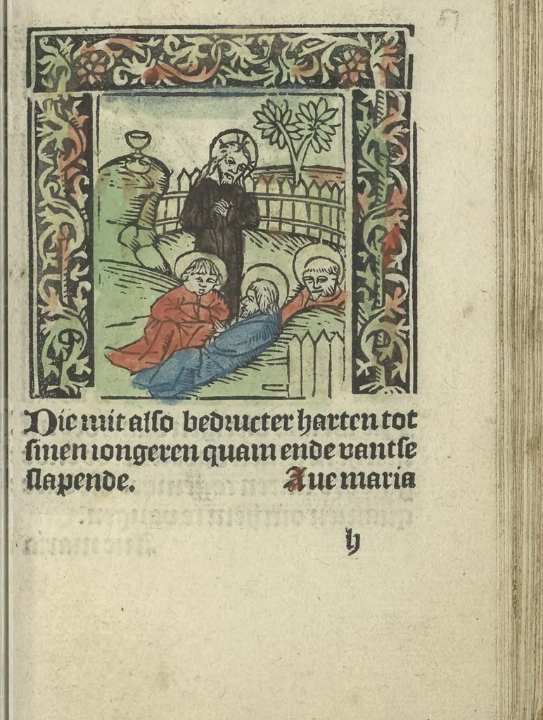 An illustration from Die ghetiden vanden seuen bitscappen Onser Lieuer Vrouwen. Die seuē psalme Onser Lieuer Vrouwen mitter letanie ende Onser Lieuer Vrouwen souter mitten artikelen vanden leuen en̄ passie Ons Heren Ihesu Cristi mitten figuren, 1503, leaf 120