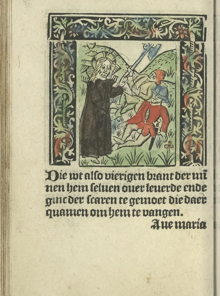 An illustration from Die ghetiden vanden seuen bitscappen Onser Lieuer Vrouwen. Die seuē psalme Onser Lieuer Vrouwen mitter letanie ende Onser Lieuer Vrouwen souter mitten artikelen vanden leuen en̄ passie Ons Heren Ihesu Cristi mitten figuren, 1503, leaf 121