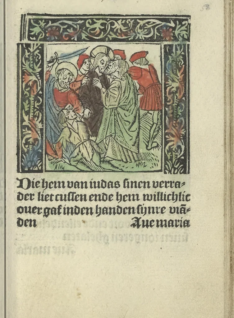 An illustration from Die ghetiden vanden seuen bitscappen Onser Lieuer Vrouwen. Die seuē psalme Onser Lieuer Vrouwen mitter letanie ende Onser Lieuer Vrouwen souter mitten artikelen vanden leuen en̄ passie Ons Heren Ihesu Cristi mitten figuren, 1503, leaf 122