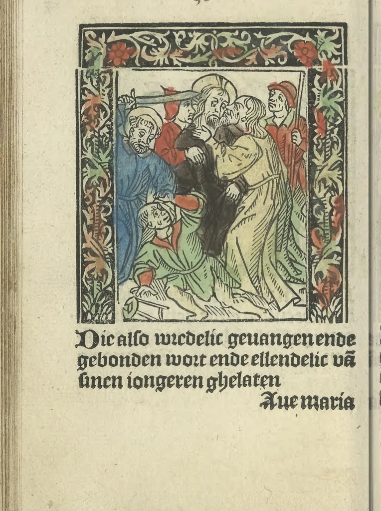 An illustration from Die ghetiden vanden seuen bitscappen Onser Lieuer Vrouwen. Die seuē psalme Onser Lieuer Vrouwen mitter letanie ende Onser Lieuer Vrouwen souter mitten artikelen vanden leuen en̄ passie Ons Heren Ihesu Cristi mitten figuren, 1503, leaf 123