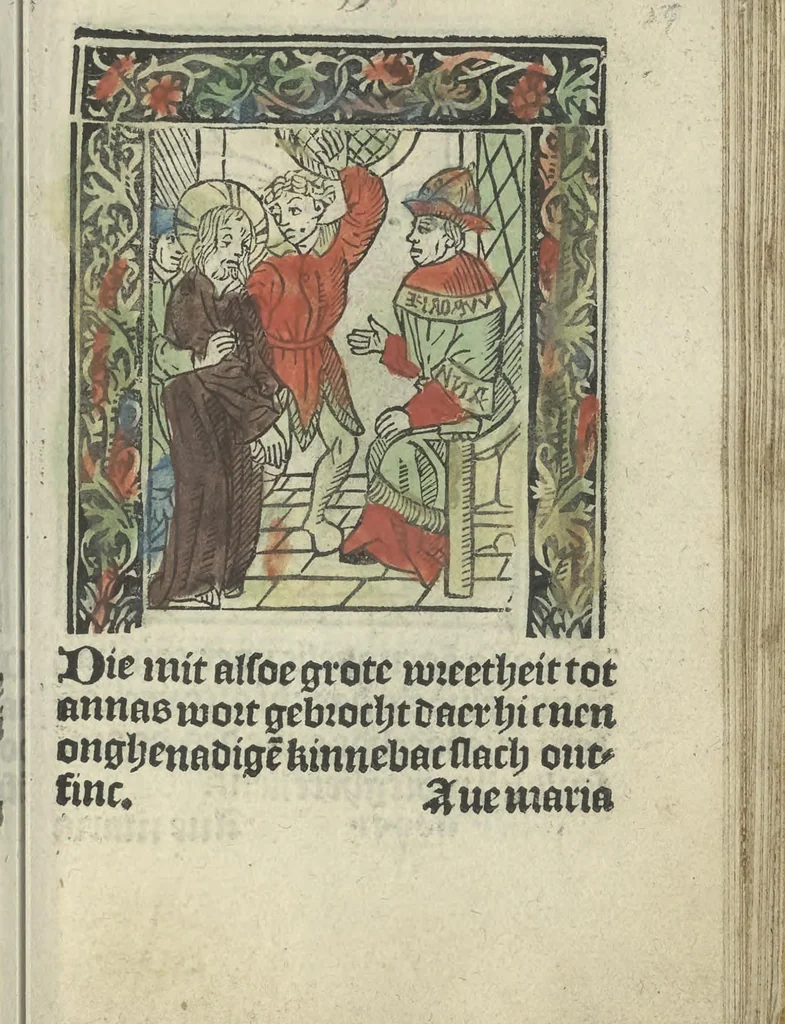 An illustration from Die ghetiden vanden seuen bitscappen Onser Lieuer Vrouwen. Die seuē psalme Onser Lieuer Vrouwen mitter letanie ende Onser Lieuer Vrouwen souter mitten artikelen vanden leuen en̄ passie Ons Heren Ihesu Cristi mitten figuren, 1503, leaf 124