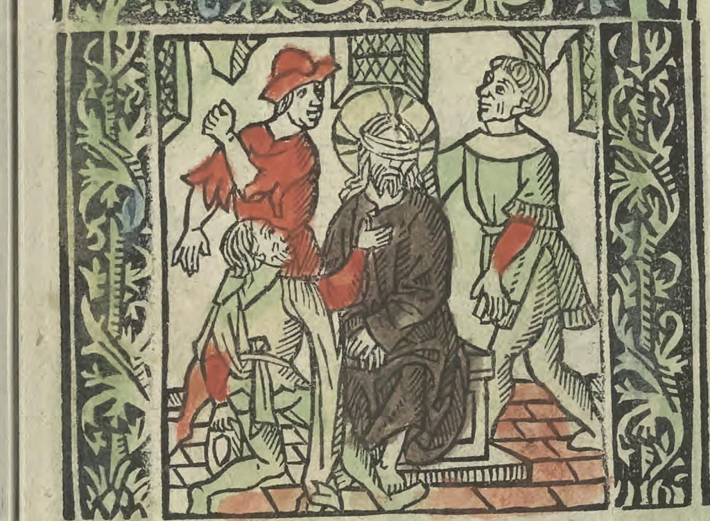 An illustration from Die ghetiden vanden seuen bitscappen Onser Lieuer Vrouwen. Die seuē psalme Onser Lieuer Vrouwen mitter letanie ende Onser Lieuer Vrouwen souter mitten artikelen vanden leuen en̄ passie Ons Heren Ihesu Cristi mitten figuren, 1503, leaf 126
