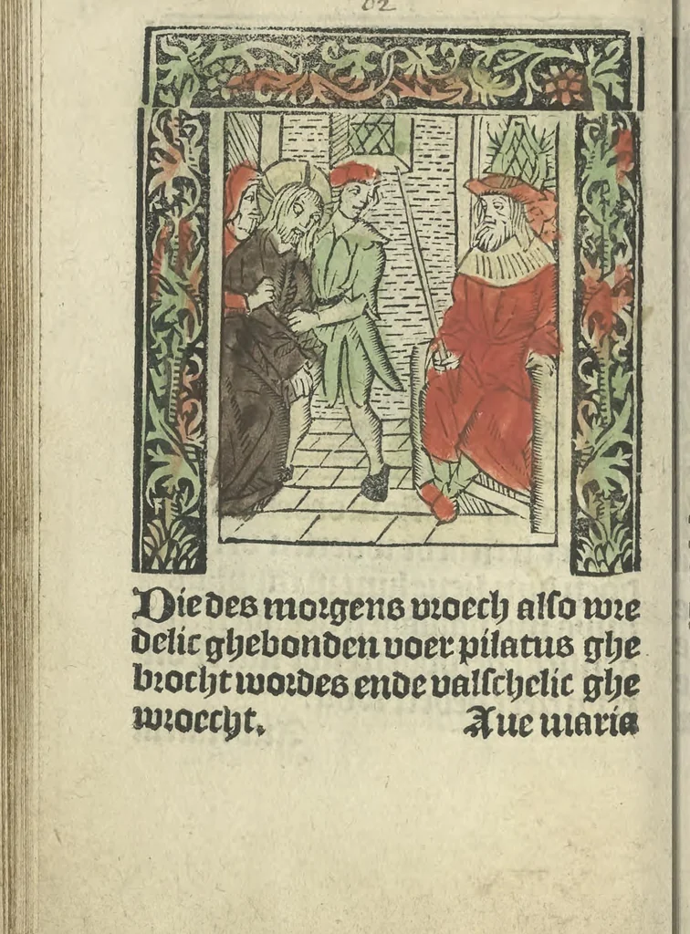 An illustration from Die ghetiden vanden seuen bitscappen Onser Lieuer Vrouwen. Die seuē psalme Onser Lieuer Vrouwen mitter letanie ende Onser Lieuer Vrouwen souter mitten artikelen vanden leuen en̄ passie Ons Heren Ihesu Cristi mitten figuren, 1503, leaf 127