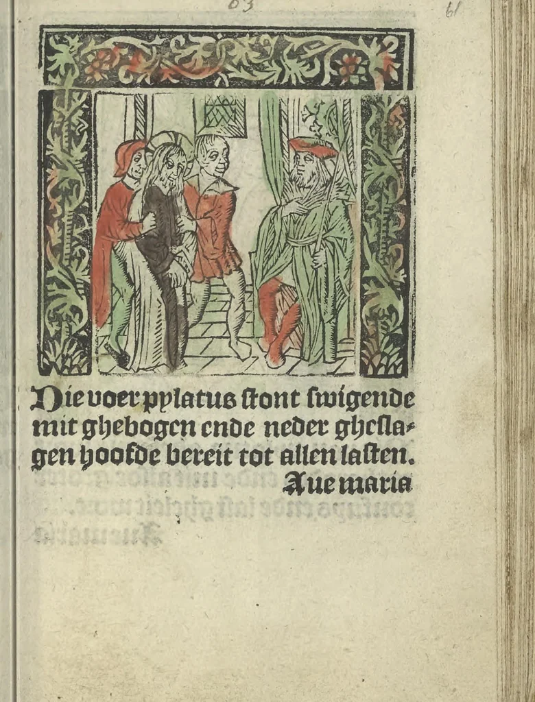 An illustration from Die ghetiden vanden seuen bitscappen Onser Lieuer Vrouwen. Die seuē psalme Onser Lieuer Vrouwen mitter letanie ende Onser Lieuer Vrouwen souter mitten artikelen vanden leuen en̄ passie Ons Heren Ihesu Cristi mitten figuren, 1503, leaf 128