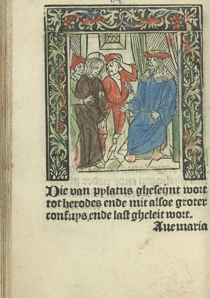 An illustration from Die ghetiden vanden seuen bitscappen Onser Lieuer Vrouwen. Die seuē psalme Onser Lieuer Vrouwen mitter letanie ende Onser Lieuer Vrouwen souter mitten artikelen vanden leuen en̄ passie Ons Heren Ihesu Cristi mitten figuren, 1503, leaf 129