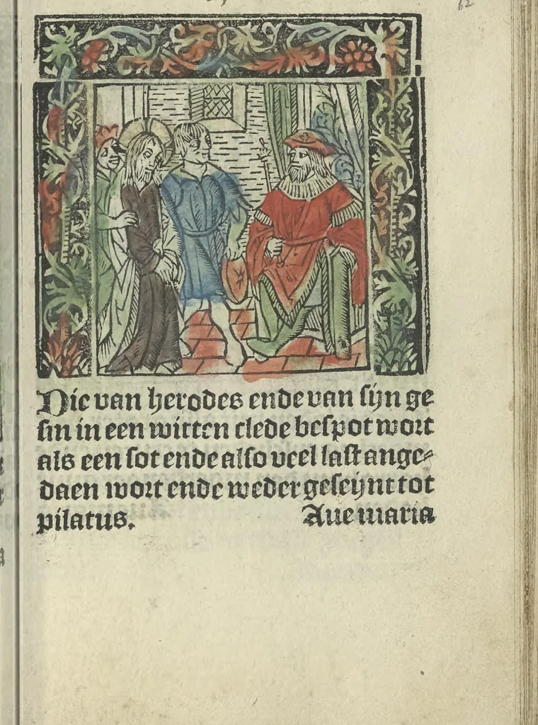 An illustration from Die ghetiden vanden seuen bitscappen Onser Lieuer Vrouwen. Die seuē psalme Onser Lieuer Vrouwen mitter letanie ende Onser Lieuer Vrouwen souter mitten artikelen vanden leuen en̄ passie Ons Heren Ihesu Cristi mitten figuren, 1503, leaf 130