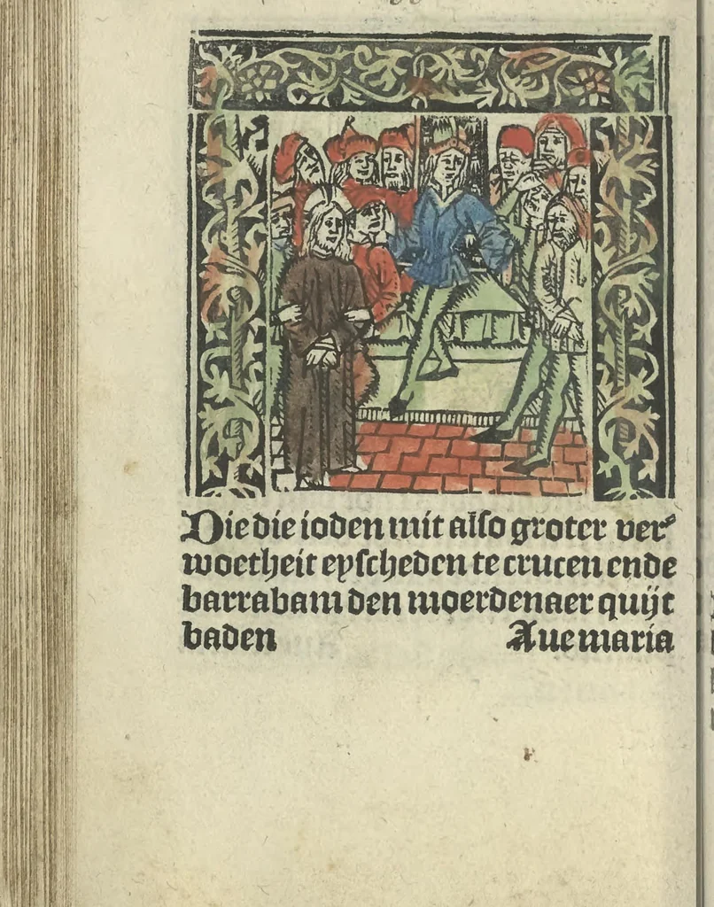 An illustration from Die ghetiden vanden seuen bitscappen Onser Lieuer Vrouwen. Die seuē psalme Onser Lieuer Vrouwen mitter letanie ende Onser Lieuer Vrouwen souter mitten artikelen vanden leuen en̄ passie Ons Heren Ihesu Cristi mitten figuren, 1503, leaf 131