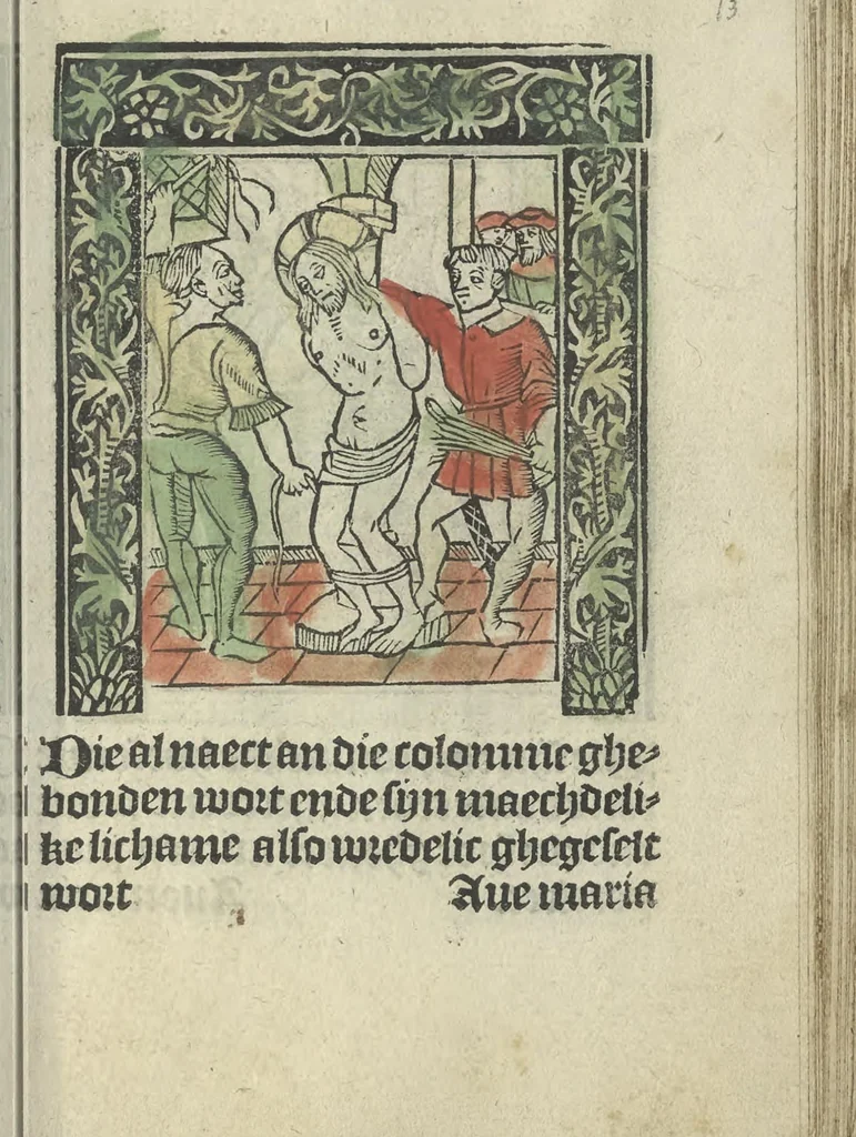 An illustration from Die ghetiden vanden seuen bitscappen Onser Lieuer Vrouwen. Die seuē psalme Onser Lieuer Vrouwen mitter letanie ende Onser Lieuer Vrouwen souter mitten artikelen vanden leuen en̄ passie Ons Heren Ihesu Cristi mitten figuren, 1503, leaf 132