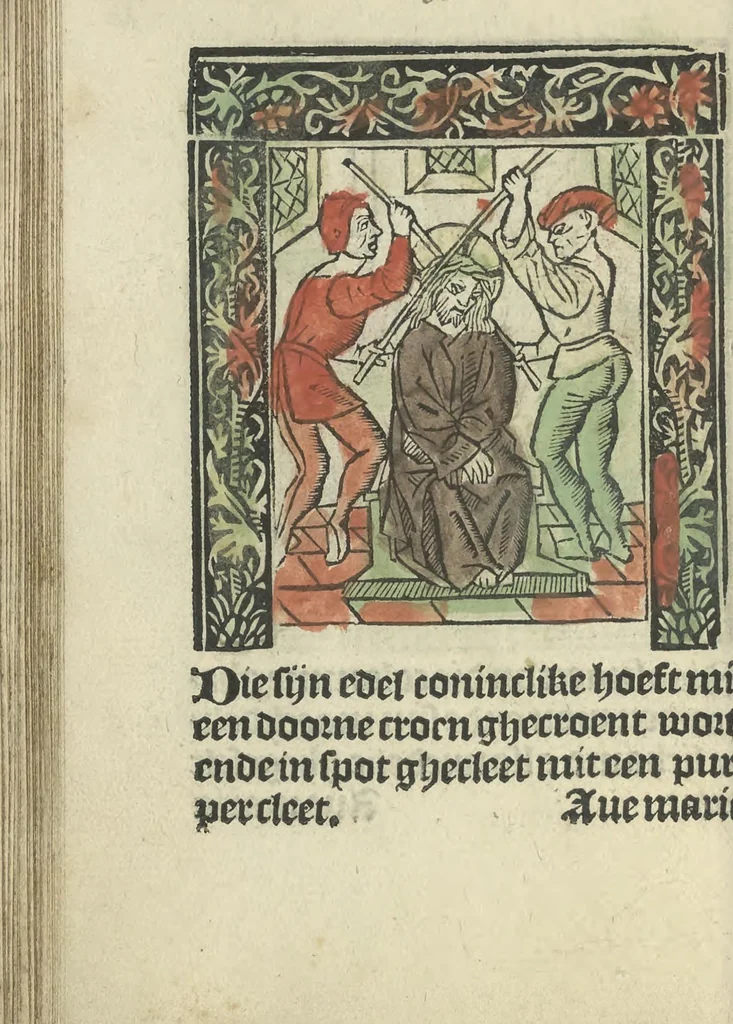 An illustration from Die ghetiden vanden seuen bitscappen Onser Lieuer Vrouwen. Die seuē psalme Onser Lieuer Vrouwen mitter letanie ende Onser Lieuer Vrouwen souter mitten artikelen vanden leuen en̄ passie Ons Heren Ihesu Cristi mitten figuren, 1503, leaf 133