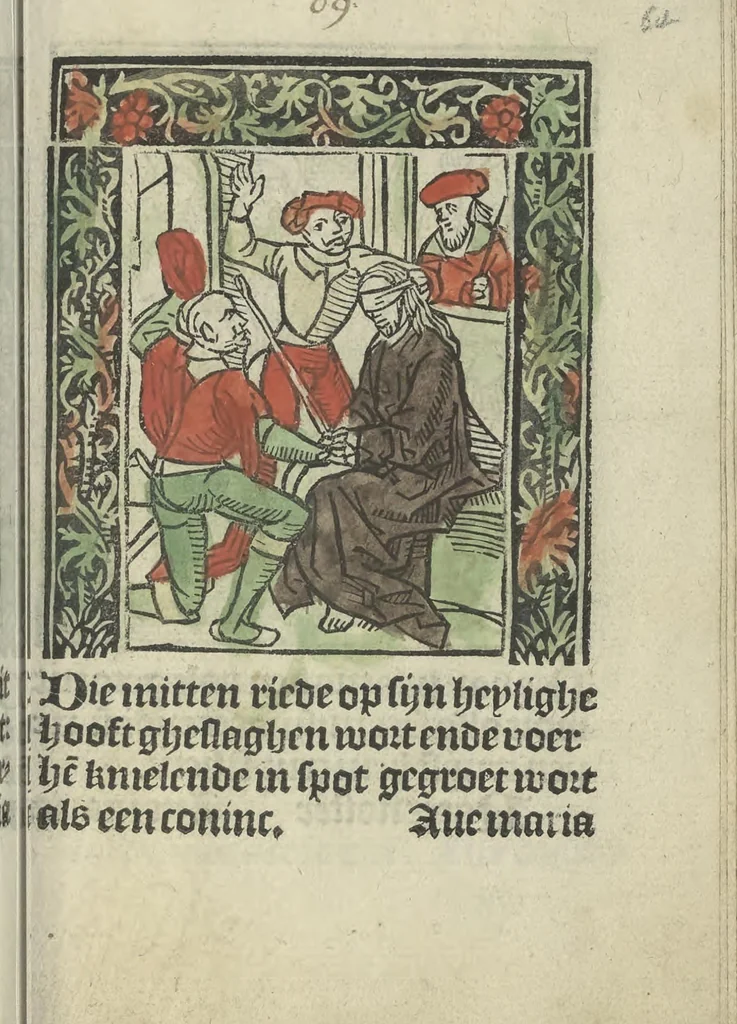An illustration from Die ghetiden vanden seuen bitscappen Onser Lieuer Vrouwen. Die seuē psalme Onser Lieuer Vrouwen mitter letanie ende Onser Lieuer Vrouwen souter mitten artikelen vanden leuen en̄ passie Ons Heren Ihesu Cristi mitten figuren, 1503, leaf 134