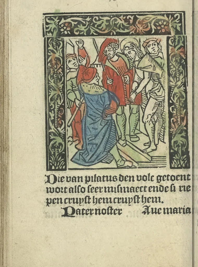 An illustration from Die ghetiden vanden seuen bitscappen Onser Lieuer Vrouwen. Die seuē psalme Onser Lieuer Vrouwen mitter letanie ende Onser Lieuer Vrouwen souter mitten artikelen vanden leuen en̄ passie Ons Heren Ihesu Cristi mitten figuren, 1503, leaf 135