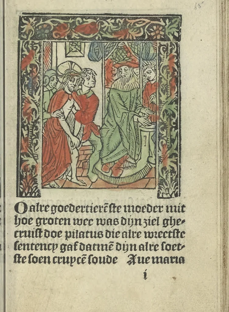 An illustration from Die ghetiden vanden seuen bitscappen Onser Lieuer Vrouwen. Die seuē psalme Onser Lieuer Vrouwen mitter letanie ende Onser Lieuer Vrouwen souter mitten artikelen vanden leuen en̄ passie Ons Heren Ihesu Cristi mitten figuren, 1503, leaf 136