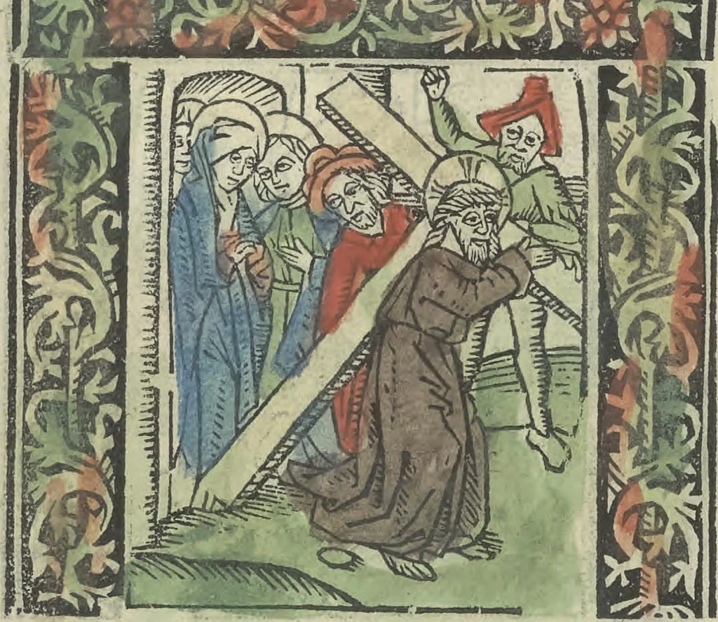 An illustration from Die ghetiden vanden seuen bitscappen Onser Lieuer Vrouwen. Die seuē psalme Onser Lieuer Vrouwen mitter letanie ende Onser Lieuer Vrouwen souter mitten artikelen vanden leuen en̄ passie Ons Heren Ihesu Cristi mitten figuren, 1503, leaf 138