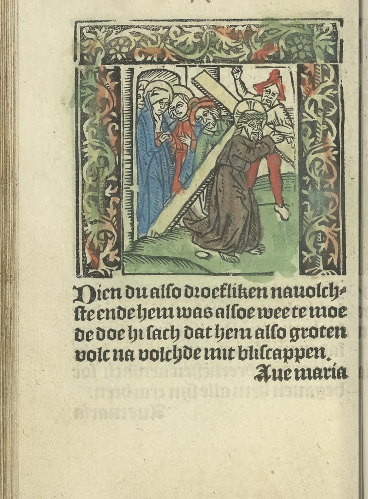 An illustration from Die ghetiden vanden seuen bitscappen Onser Lieuer Vrouwen. Die seuē psalme Onser Lieuer Vrouwen mitter letanie ende Onser Lieuer Vrouwen souter mitten artikelen vanden leuen en̄ passie Ons Heren Ihesu Cristi mitten figuren, 1503, leaf 139