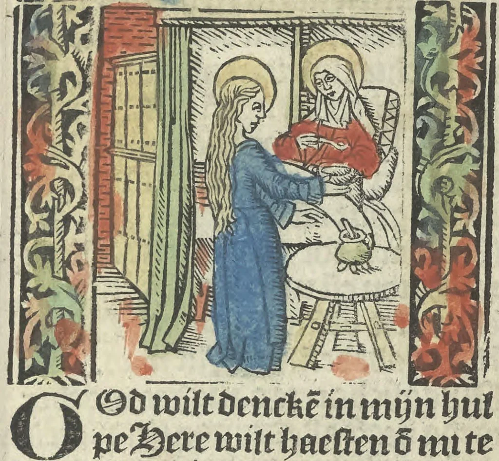 An illustration from Die ghetiden vanden seuen bitscappen Onser Lieuer Vrouwen. Die seuē psalme Onser Lieuer Vrouwen mitter letanie ende Onser Lieuer Vrouwen souter mitten artikelen vanden leuen en̄ passie Ons Heren Ihesu Cristi mitten figuren, 1503, leaf 14