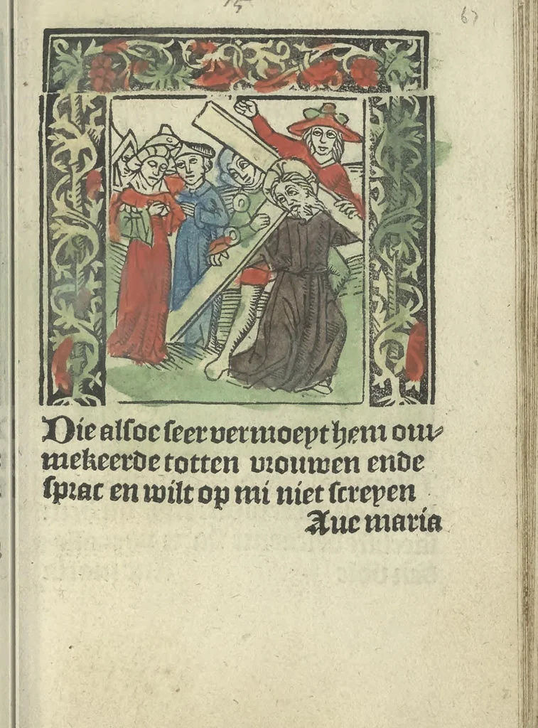 An illustration from Die ghetiden vanden seuen bitscappen Onser Lieuer Vrouwen. Die seuē psalme Onser Lieuer Vrouwen mitter letanie ende Onser Lieuer Vrouwen souter mitten artikelen vanden leuen en̄ passie Ons Heren Ihesu Cristi mitten figuren, 1503, leaf 140