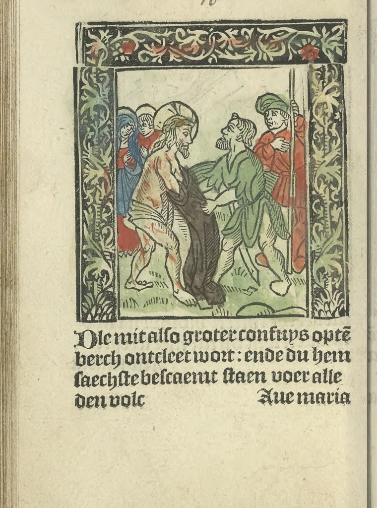 An illustration from Die ghetiden vanden seuen bitscappen Onser Lieuer Vrouwen. Die seuē psalme Onser Lieuer Vrouwen mitter letanie ende Onser Lieuer Vrouwen souter mitten artikelen vanden leuen en̄ passie Ons Heren Ihesu Cristi mitten figuren, 1503, leaf 141