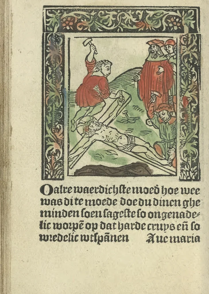 An illustration from Die ghetiden vanden seuen bitscappen Onser Lieuer Vrouwen. Die seuē psalme Onser Lieuer Vrouwen mitter letanie ende Onser Lieuer Vrouwen souter mitten artikelen vanden leuen en̄ passie Ons Heren Ihesu Cristi mitten figuren, 1503, leaf 143