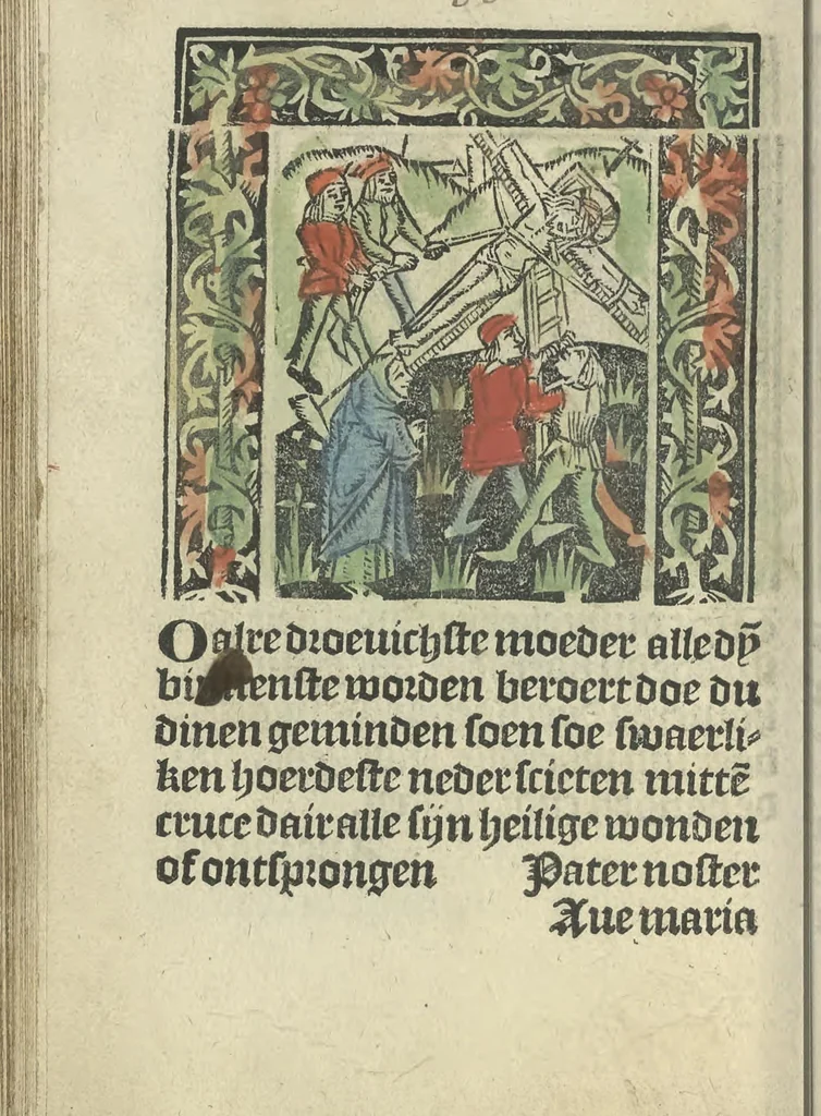 An illustration from Die ghetiden vanden seuen bitscappen Onser Lieuer Vrouwen. Die seuē psalme Onser Lieuer Vrouwen mitter letanie ende Onser Lieuer Vrouwen souter mitten artikelen vanden leuen en̄ passie Ons Heren Ihesu Cristi mitten figuren, 1503, leaf 145