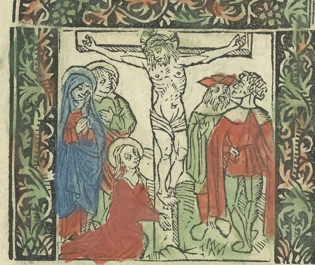 An illustration from Die ghetiden vanden seuen bitscappen Onser Lieuer Vrouwen. Die seuē psalme Onser Lieuer Vrouwen mitter letanie ende Onser Lieuer Vrouwen souter mitten artikelen vanden leuen en̄ passie Ons Heren Ihesu Cristi mitten figuren, 1503, leaf 147