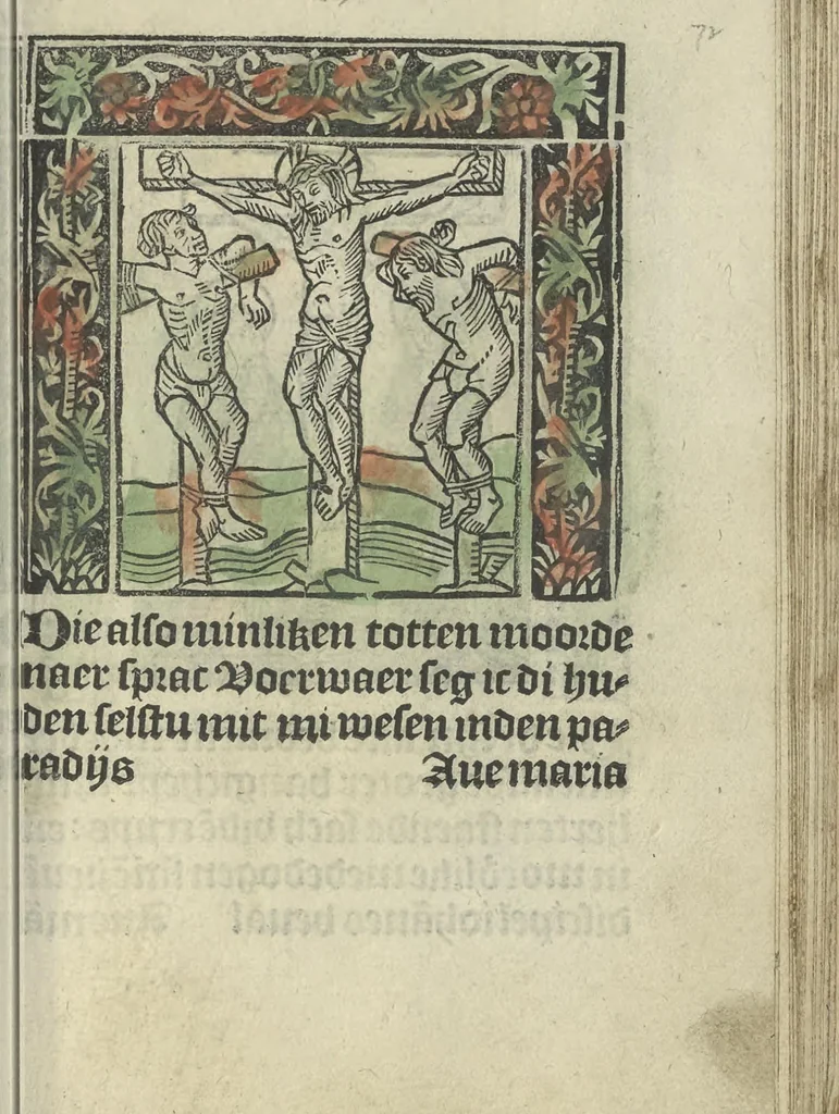 An illustration from Die ghetiden vanden seuen bitscappen Onser Lieuer Vrouwen. Die seuē psalme Onser Lieuer Vrouwen mitter letanie ende Onser Lieuer Vrouwen souter mitten artikelen vanden leuen en̄ passie Ons Heren Ihesu Cristi mitten figuren, 1503, leaf 150