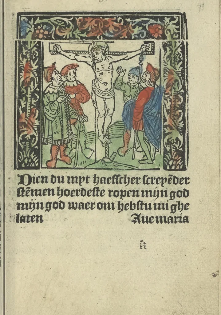 An illustration from Die ghetiden vanden seuen bitscappen Onser Lieuer Vrouwen. Die seuē psalme Onser Lieuer Vrouwen mitter letanie ende Onser Lieuer Vrouwen souter mitten artikelen vanden leuen en̄ passie Ons Heren Ihesu Cristi mitten figuren, 1503, leaf 152