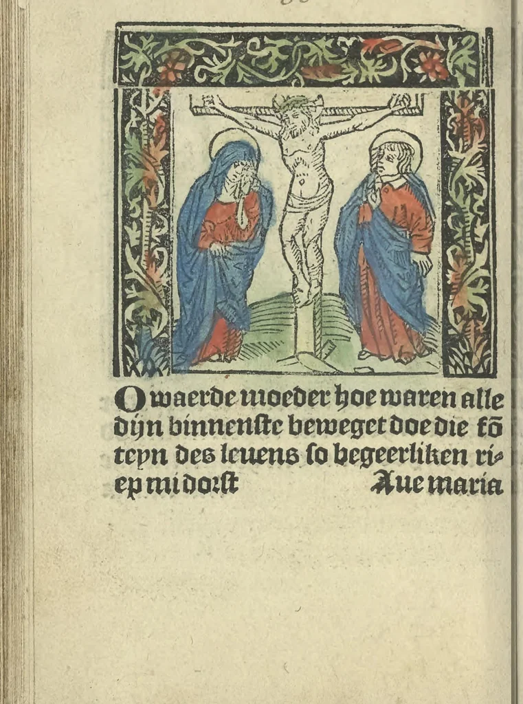 An illustration from Die ghetiden vanden seuen bitscappen Onser Lieuer Vrouwen. Die seuē psalme Onser Lieuer Vrouwen mitter letanie ende Onser Lieuer Vrouwen souter mitten artikelen vanden leuen en̄ passie Ons Heren Ihesu Cristi mitten figuren, 1503, leaf 153