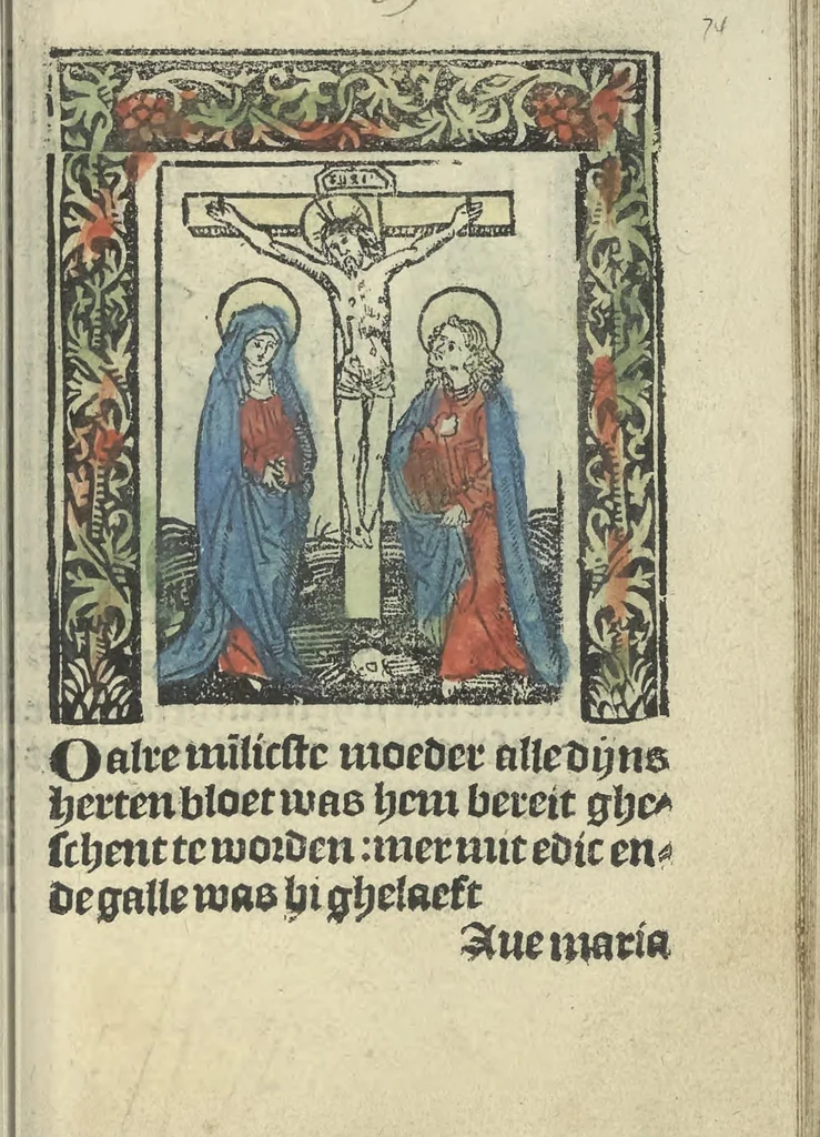 An illustration from Die ghetiden vanden seuen bitscappen Onser Lieuer Vrouwen. Die seuē psalme Onser Lieuer Vrouwen mitter letanie ende Onser Lieuer Vrouwen souter mitten artikelen vanden leuen en̄ passie Ons Heren Ihesu Cristi mitten figuren, 1503, leaf 154