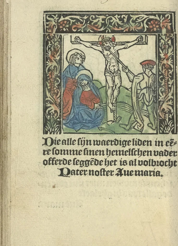 An illustration from Die ghetiden vanden seuen bitscappen Onser Lieuer Vrouwen. Die seuē psalme Onser Lieuer Vrouwen mitter letanie ende Onser Lieuer Vrouwen souter mitten artikelen vanden leuen en̄ passie Ons Heren Ihesu Cristi mitten figuren, 1503, leaf 155