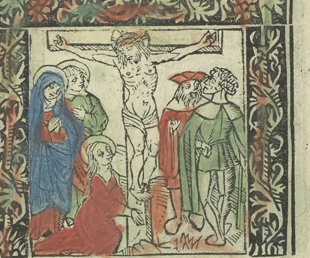 An illustration from Die ghetiden vanden seuen bitscappen Onser Lieuer Vrouwen. Die seuē psalme Onser Lieuer Vrouwen mitter letanie ende Onser Lieuer Vrouwen souter mitten artikelen vanden leuen en̄ passie Ons Heren Ihesu Cristi mitten figuren, 1503, leaf 156