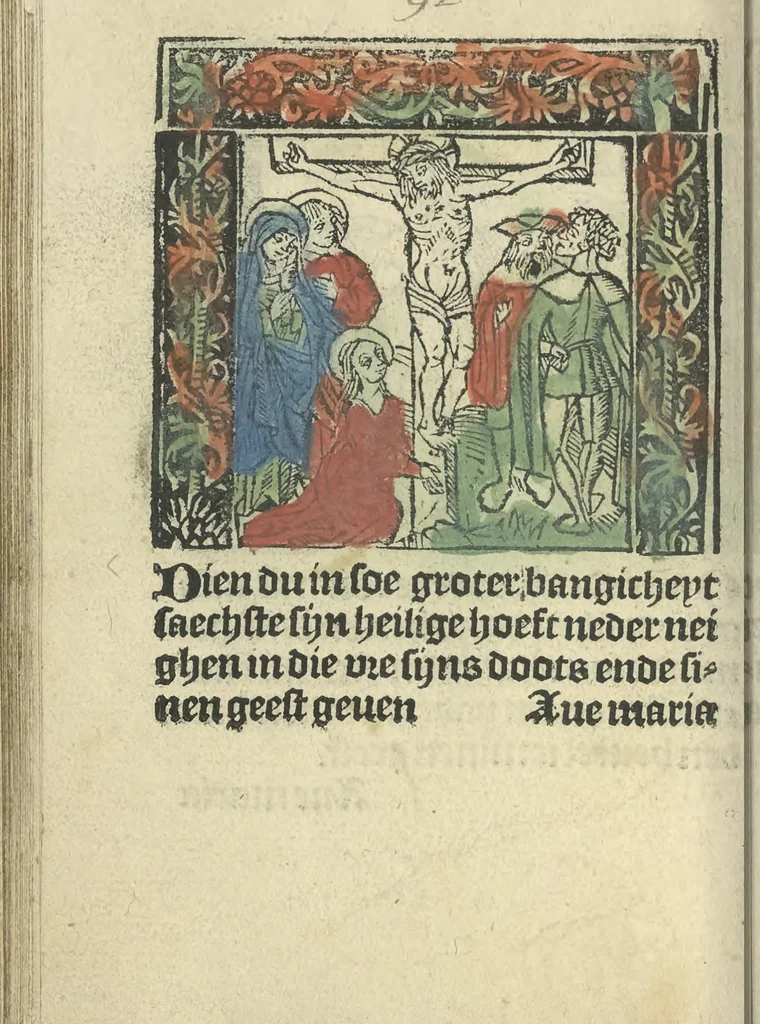 An illustration from Die ghetiden vanden seuen bitscappen Onser Lieuer Vrouwen. Die seuē psalme Onser Lieuer Vrouwen mitter letanie ende Onser Lieuer Vrouwen souter mitten artikelen vanden leuen en̄ passie Ons Heren Ihesu Cristi mitten figuren, 1503, leaf 157
