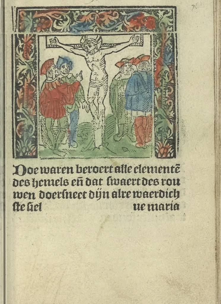 An illustration from Die ghetiden vanden seuen bitscappen Onser Lieuer Vrouwen. Die seuē psalme Onser Lieuer Vrouwen mitter letanie ende Onser Lieuer Vrouwen souter mitten artikelen vanden leuen en̄ passie Ons Heren Ihesu Cristi mitten figuren, 1503, leaf 158
