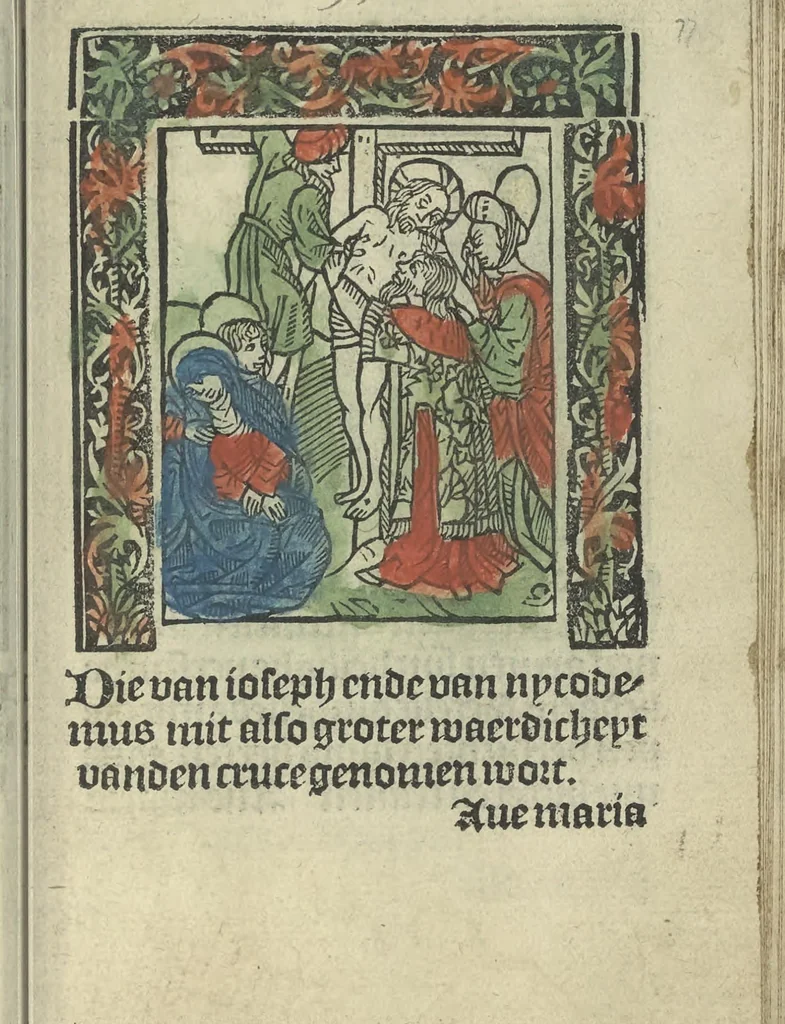 An illustration from Die ghetiden vanden seuen bitscappen Onser Lieuer Vrouwen. Die seuē psalme Onser Lieuer Vrouwen mitter letanie ende Onser Lieuer Vrouwen souter mitten artikelen vanden leuen en̄ passie Ons Heren Ihesu Cristi mitten figuren, 1503, leaf 160