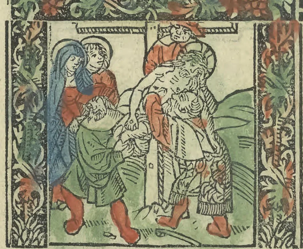 An illustration from Die ghetiden vanden seuen bitscappen Onser Lieuer Vrouwen. Die seuē psalme Onser Lieuer Vrouwen mitter letanie ende Onser Lieuer Vrouwen souter mitten artikelen vanden leuen en̄ passie Ons Heren Ihesu Cristi mitten figuren, 1503, leaf 161
