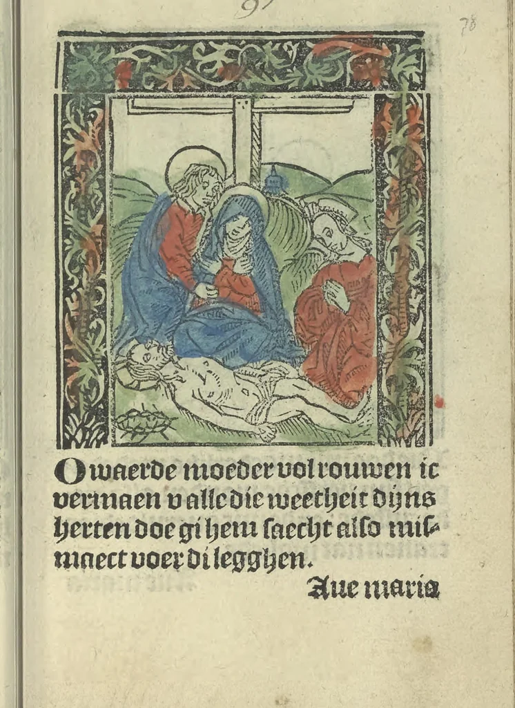An illustration from Die ghetiden vanden seuen bitscappen Onser Lieuer Vrouwen. Die seuē psalme Onser Lieuer Vrouwen mitter letanie ende Onser Lieuer Vrouwen souter mitten artikelen vanden leuen en̄ passie Ons Heren Ihesu Cristi mitten figuren, 1503, leaf 162