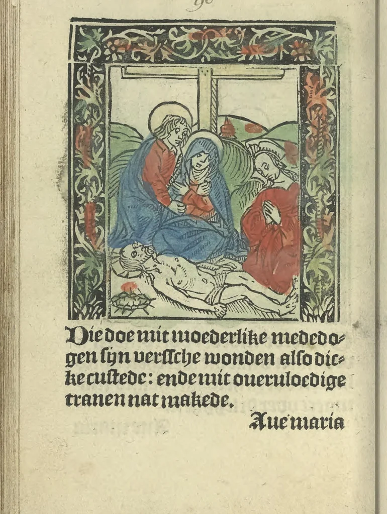 An illustration from Die ghetiden vanden seuen bitscappen Onser Lieuer Vrouwen. Die seuē psalme Onser Lieuer Vrouwen mitter letanie ende Onser Lieuer Vrouwen souter mitten artikelen vanden leuen en̄ passie Ons Heren Ihesu Cristi mitten figuren, 1503, leaf 163