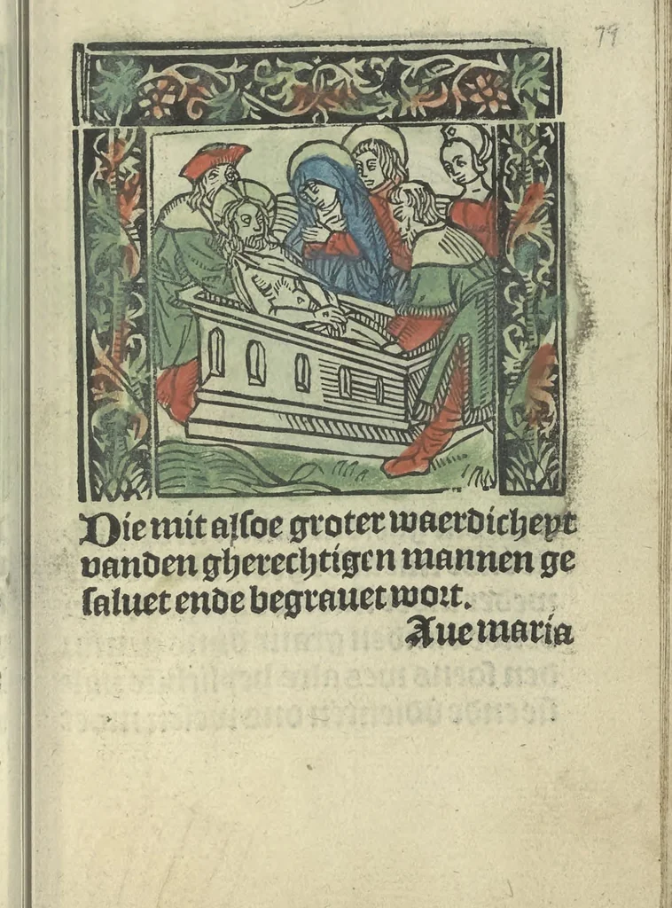 An illustration from Die ghetiden vanden seuen bitscappen Onser Lieuer Vrouwen. Die seuē psalme Onser Lieuer Vrouwen mitter letanie ende Onser Lieuer Vrouwen souter mitten artikelen vanden leuen en̄ passie Ons Heren Ihesu Cristi mitten figuren, 1503, leaf 164