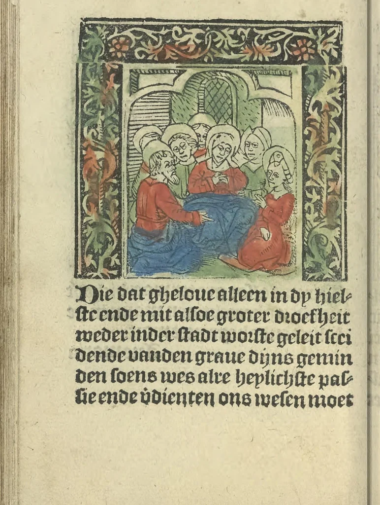 An illustration from Die ghetiden vanden seuen bitscappen Onser Lieuer Vrouwen. Die seuē psalme Onser Lieuer Vrouwen mitter letanie ende Onser Lieuer Vrouwen souter mitten artikelen vanden leuen en̄ passie Ons Heren Ihesu Cristi mitten figuren, 1503, leaf 165