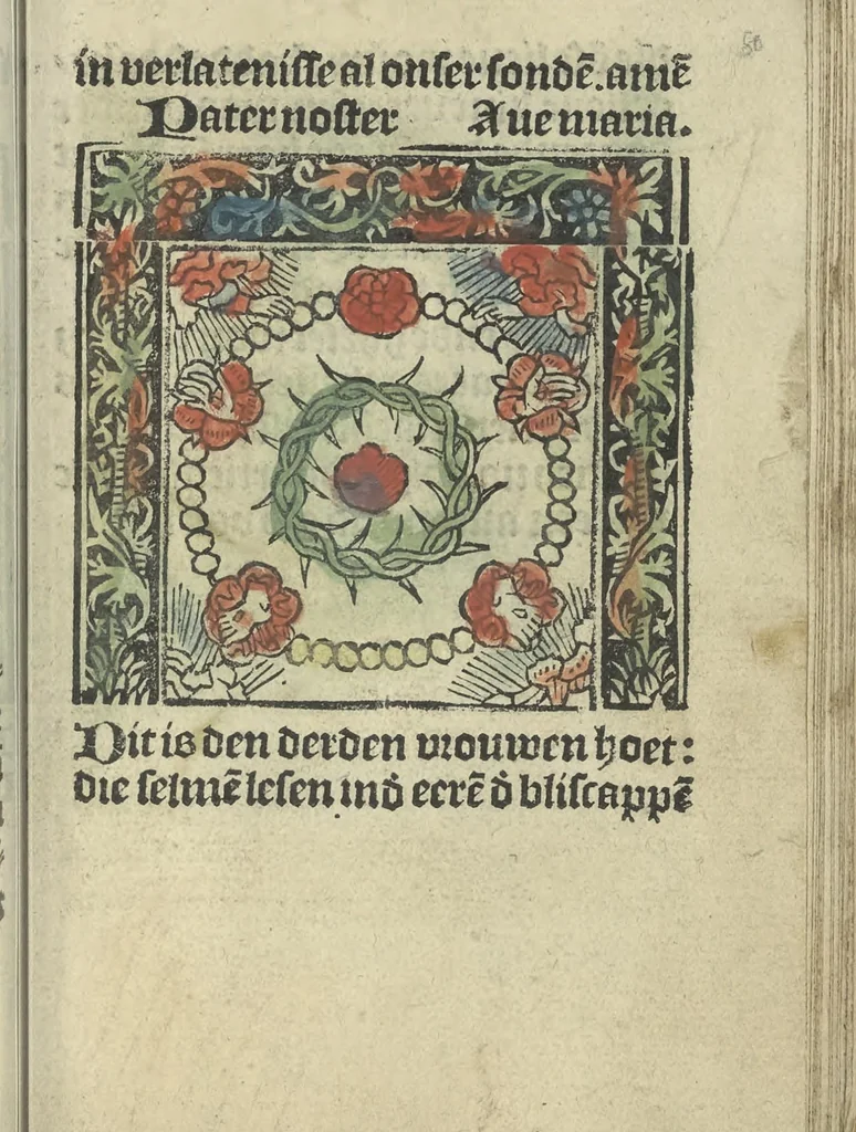 An illustration from Die ghetiden vanden seuen bitscappen Onser Lieuer Vrouwen. Die seuē psalme Onser Lieuer Vrouwen mitter letanie ende Onser Lieuer Vrouwen souter mitten artikelen vanden leuen en̄ passie Ons Heren Ihesu Cristi mitten figuren, 1503, leaf 166