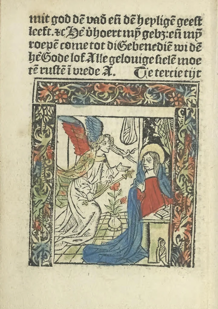 An illustration from Die ghetiden vanden seuen bitscappen Onser Lieuer Vrouwen. Die seuē psalme Onser Lieuer Vrouwen mitter letanie ende Onser Lieuer Vrouwen souter mitten artikelen vanden leuen en̄ passie Ons Heren Ihesu Cristi mitten figuren, 1503, leaf 17