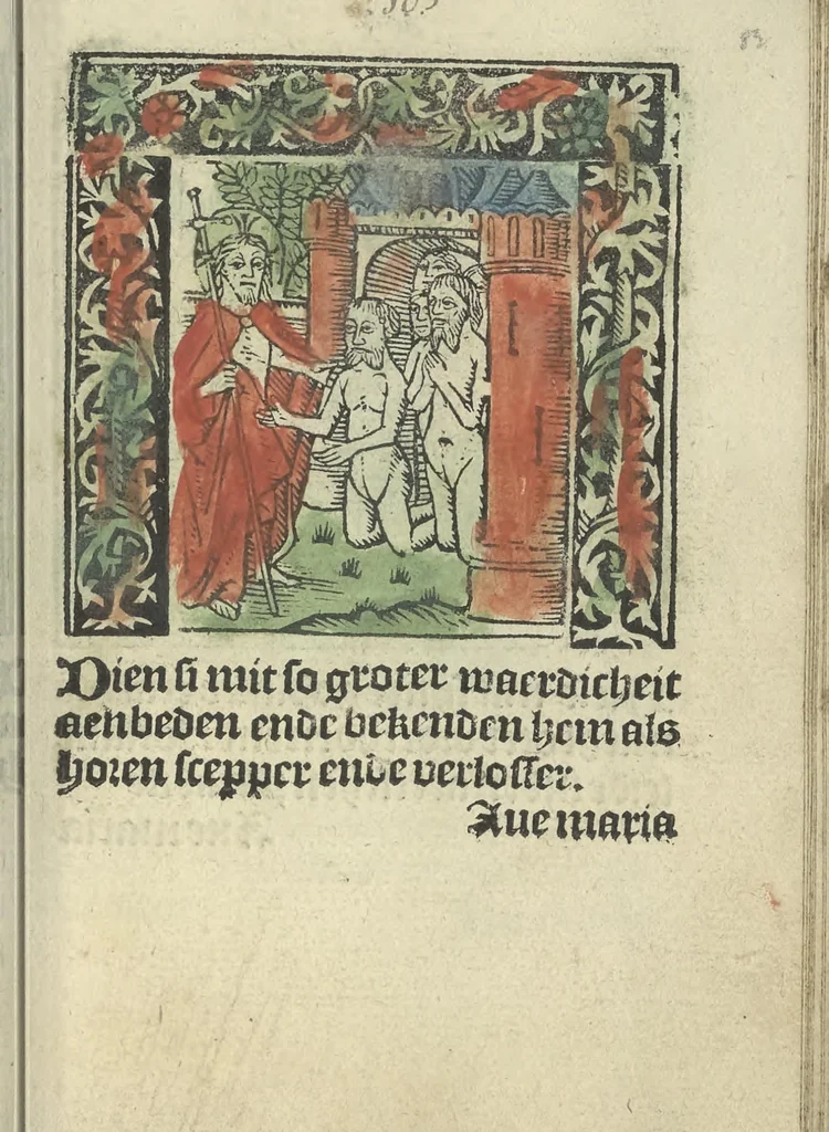 An illustration from Die ghetiden vanden seuen bitscappen Onser Lieuer Vrouwen. Die seuē psalme Onser Lieuer Vrouwen mitter letanie ende Onser Lieuer Vrouwen souter mitten artikelen vanden leuen en̄ passie Ons Heren Ihesu Cristi mitten figuren, 1503, leaf 170