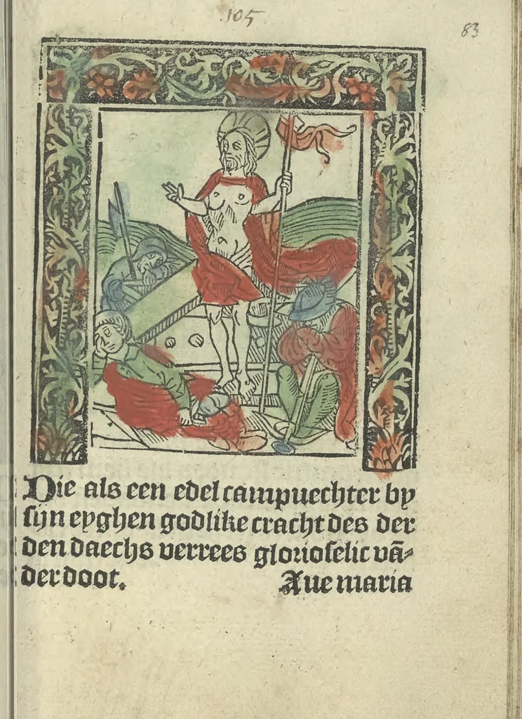 An illustration from Die ghetiden vanden seuen bitscappen Onser Lieuer Vrouwen. Die seuē psalme Onser Lieuer Vrouwen mitter letanie ende Onser Lieuer Vrouwen souter mitten artikelen vanden leuen en̄ passie Ons Heren Ihesu Cristi mitten figuren, 1503, leaf 172
