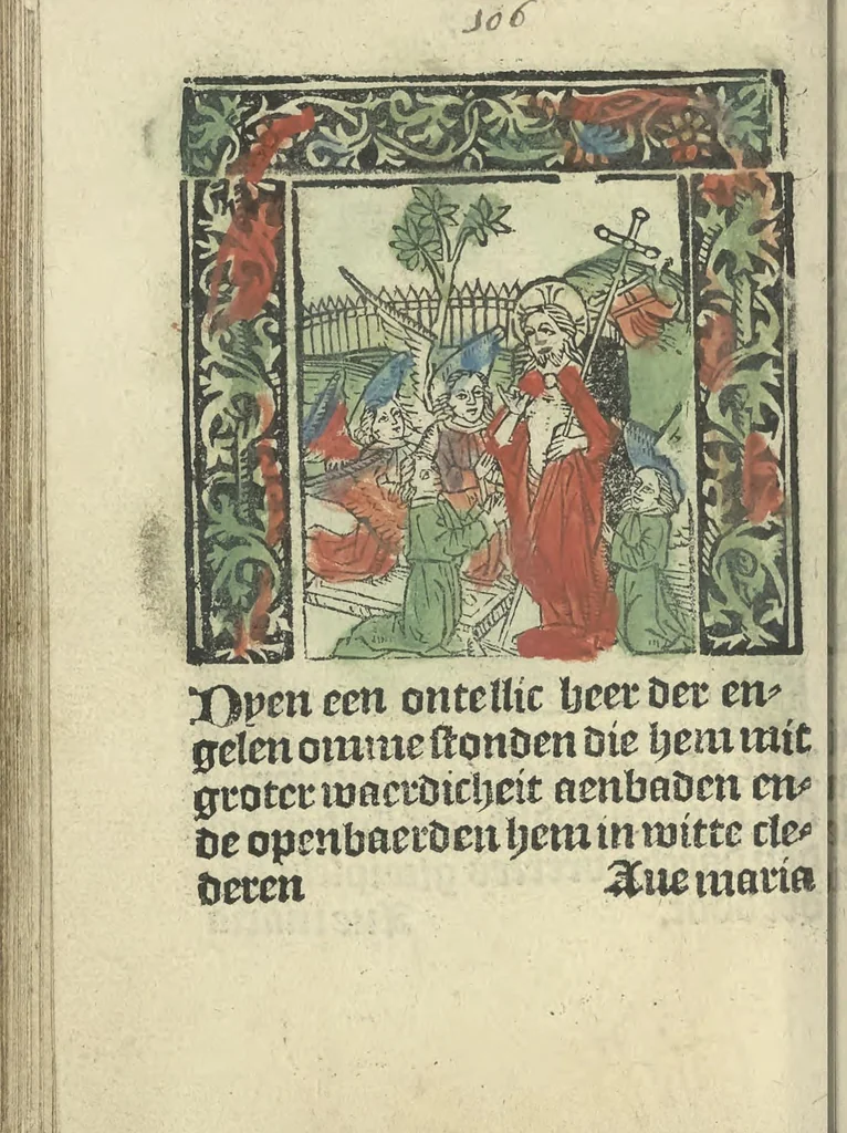 An illustration from Die ghetiden vanden seuen bitscappen Onser Lieuer Vrouwen. Die seuē psalme Onser Lieuer Vrouwen mitter letanie ende Onser Lieuer Vrouwen souter mitten artikelen vanden leuen en̄ passie Ons Heren Ihesu Cristi mitten figuren, 1503, leaf 173